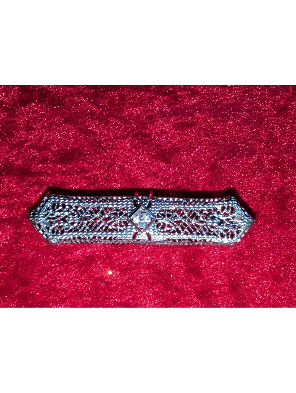 Vintage Silver Filigree Bar Pin Brooch with Central Clear Stone